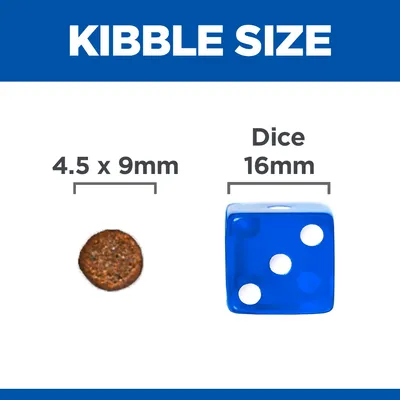 Сравнение на размер: гранула 4,5 x 9 мм до зарче 16 мм. Текст: KIBBLE SIZE, 4.5 x 9mm, Dice 16mm.