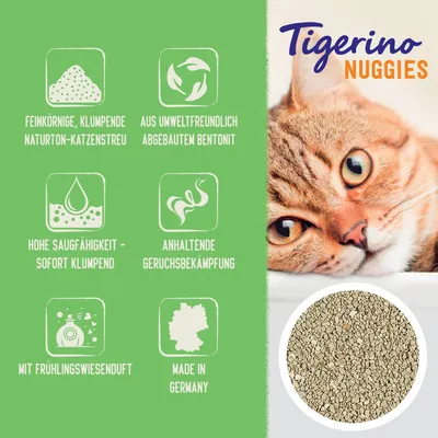 Tigerino Nuggies. Feinkörnige, klumpende Naturton-Katzenstreu aus umweltfreundlich abgebautem Bentonit. Hohe Saugfähigkeit, anhaltende Geruchsbekämpfung, Frühlingswiesenduft, Made in Germany.