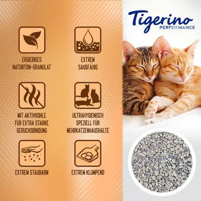 Tigerino Performance. Litière en granulés d’argile naturelle, très absorbante, avec charbon actif, ultra-hygiénique pour plusieurs chats, peu poussiéreuse, très agglomérante. Texte en allemand.