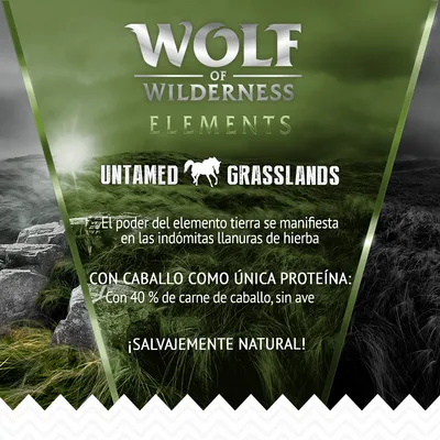 Wolf of Wilderness Elements Untamed Grasslands. Con caballo como única proteína: con 40 % de carne de caballo, sin ave. ¡Salvajemente natural!