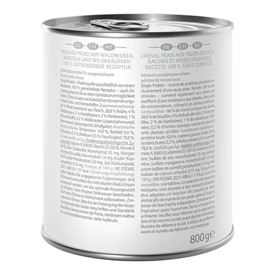 Conserve pour chien, texte visible : Cheval frais aux fruits des bois, racines et herbes sauvages, recette 100 % sans céréales, composition détaillée, poids net 800 g