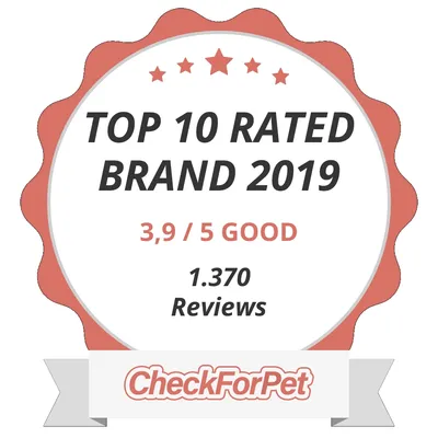 TOP 10 RATED BRAND 2019, 3,9 / 5 GOOD, 1.370 Reviews, CheckForPet. Teksti englanniksi.