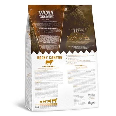 Wolf of Wilderness Elements Rocky Canyon dry food, 1kg. Main protein from beef, no artificial preservatives or flavourings, made in Germany. Feeding guide and ingredient details shown.
