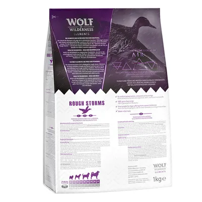 Wolf of Wilderness Elements Rough Storms, carne e proteine animali da anatra, senza cereali, 1 kg. Tabella peso cane: 1–5 kg 25–85 g, 5–15 kg 85–195 g, 15–30 kg 195–325 g, 30–60 kg 325–545 g.