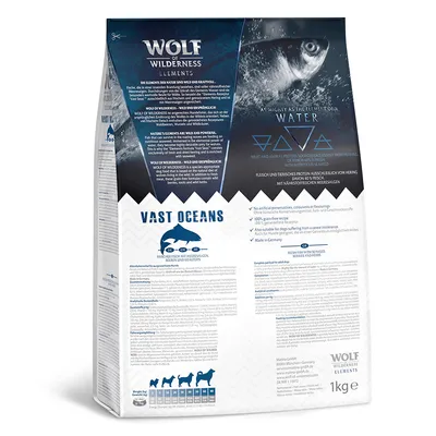 Wolf of Wilderness Elements Vast Oceans dry food, made with herring, mussels and seaweed. No artificial preservatives or colourants. Grain-free recipe. Made in Germany. 1kg pack.