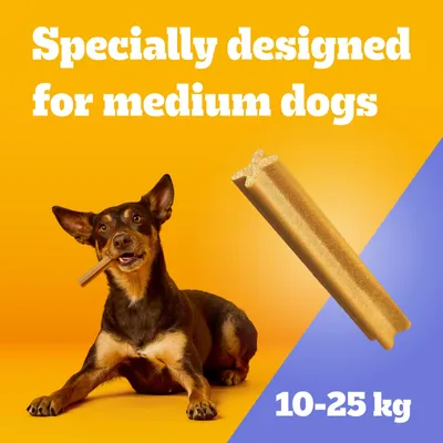 Chew snack specially for medium-sized dogs, suitable for 10–25 kg. Image of a dog with a snack in its mouth and text: 'Specially designed for medium dogs'.