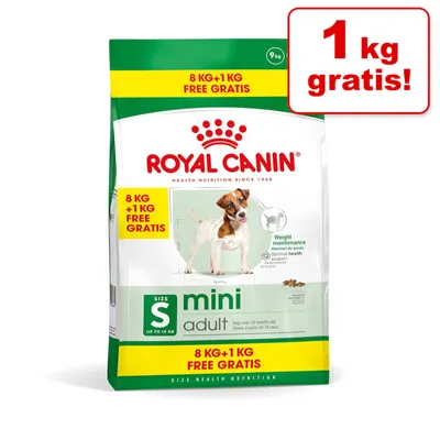 Pachet Royal Canin Mini Adult, 8 kg + 1 kg gratis, pentru câini de talie mică (până la 10 kg). Text vizibil: „1 kg gratis!”, „Weight maintenance”, „Size S mini adult”.