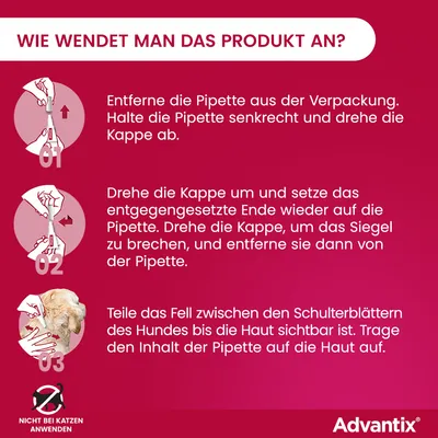 Anleitung zur Anwendung des Produkts: Pipette aus Verpackung entfernen, Kappe drehen und Siegel brechen, Fell des Hundes teilen und Inhalt der Pipette auf die Haut auftragen. Nicht bei Katzen anwenden.
