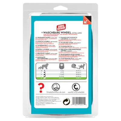 Simple Solution pannolino igienico lavabile XL per cani, tabella taglie: XS 2–4 kg 23–35 cm, S 4–7 kg 30–48 cm, M 7–16 kg 38–58 cm, L 16–25 kg 45–68 cm, XL 25–40 kg 56–89 cm.