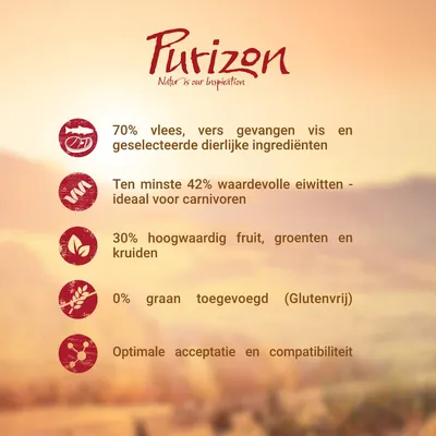 Purizon. 70% vlees, vis en dierlijke ingrediënten; minimaal 42% eiwitten; 30% fruit, groenten en kruiden; 0% graan toegevoegd (glutenvrij); optimale acceptatie en compatibiliteit.