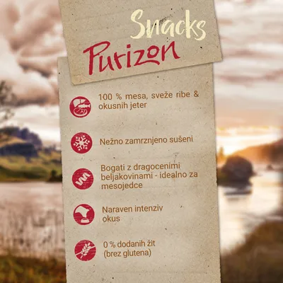 Snacks Purizon: 100 % mesa, sveže ribe & okusnih jeter, nežno zamrznjeno sušeni, bogati z beljakovinami, naraven intenziv okus, 0 % dodanih žit (brez glutena).