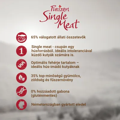 Purizon Single Meat. 65% válogatott állati összetevők, egy húsforrás, optimális fehérje, 35% gyümölcs és zöldség, 0% hozzáadott gabona, Németországban gyártott eledel.