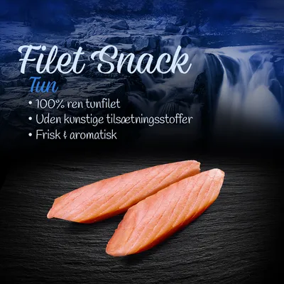 Filet Snack Tun. 100% ren tunfilet, uden kunstige tilsætningsstoffer, frisk & aromatisk. To stykker tunfilet vist på sort baggrund.