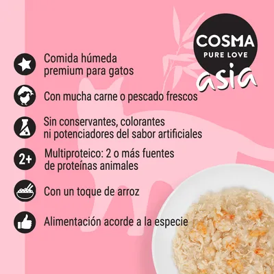 COSMA PURE LOVE asia. Comida húmeda premium para gatos con mucha carne o pescado frescos, sin conservantes ni colorantes, multiproteico, con arroz, alimentación acorde a la especie.