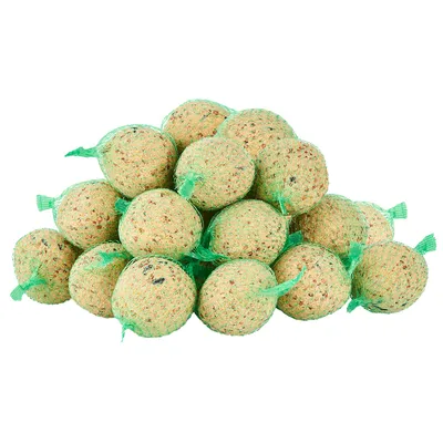 Several green nets with round fat balls, suitable for feeding wild birds.