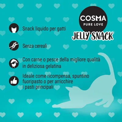 COSMA PURE LOVE JELLY SNACK. Snack liquido per gatti, senza cereali, con carne o pesce della migliore qualità in gelatina. Ideale come ricompensa, spuntino o per arricchire i pasti.
