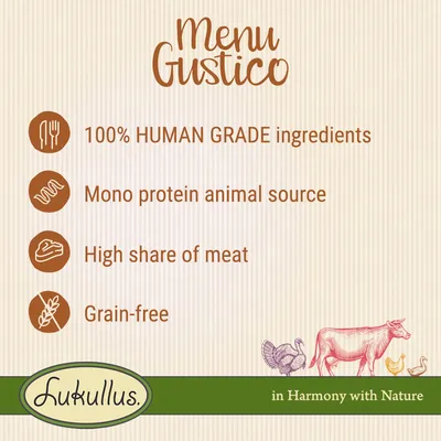 Menu Gustico: 100% human grade ingredients, mono protein animal source, high share of meat, grain-free. Lukullus in Harmony with Nature.
