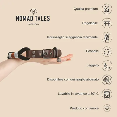 Collare Nomad Tales München in ecopelle marrone su mano, testo: qualità premium, regolabile, il guinzaglio si aggancia facilmente, leggero, lavabile a 30 °C, prodotto con amore.