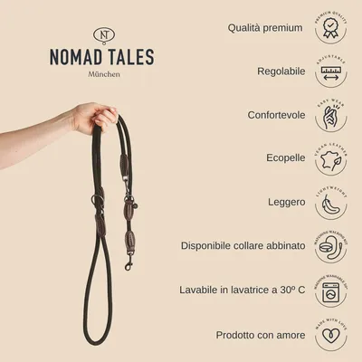Guinzaglio Nomad Tales München in ecopelle, regolabile, leggero, confortevole, lavabile in lavatrice a 30° C. Disponibile collare abbinato. Qualità premium. Prodotto con amore.