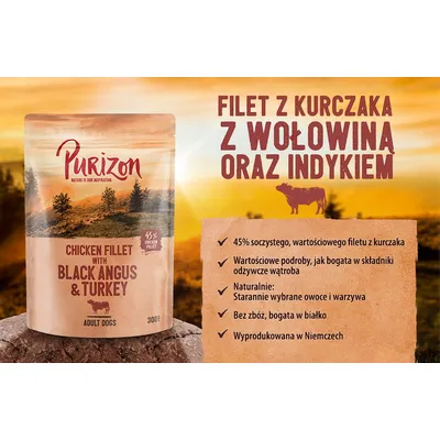Purizon filet z kurczaka z wołowiną oraz indykiem, 300 g. 45% filetu z kurczaka, wartościowe podroby, starannie wybrane owoce i warzywa, bez zbóż, wyprodukowana w Niemczech.
