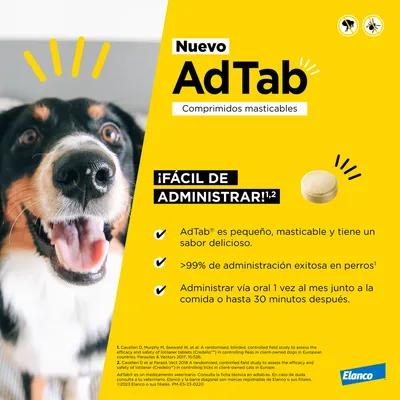 Nuevo AdTab comprimidos masticables. ¡Fácil de administrar! AdTab es pequeño, masticable y tiene un sabor delicioso. >99% de administración exitosa en perros. Administrar vía oral 1 vez al mes.
