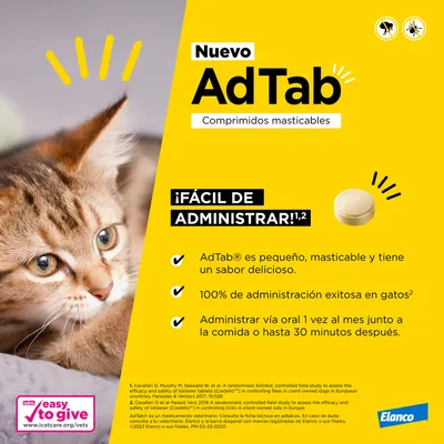 Nuevo AdTab comprimidos masticables para gatos. Fácil de administrar: pequeño, masticable y sabor delicioso. 100 % administración exitosa en gatos. Administrar vía oral una vez al mes.