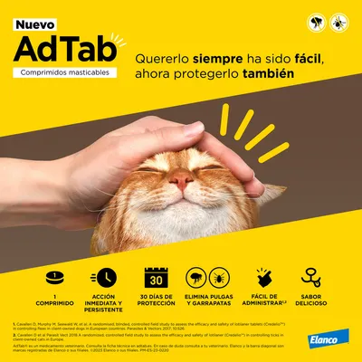 Nuevo AdTab comprimidos masticables. Quererlo siempre ha sido fácil, ahora protegerlo también. 1 comprimido, acción inmediata y persistente, 30 días de protección, elimina pulgas y garrapatas, fácil de administrar, sabor delicioso. Elanco.