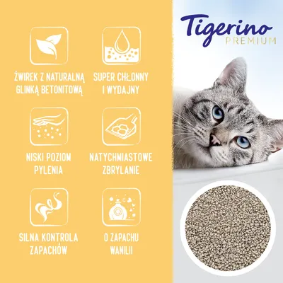 Tigerino Premium. Żwirek z naturalną glinką bentonitową, super chłonny i wydajny, niski poziom pylenia, natychmiastowe zbrylanie, silna kontrola zapachów, o zapachu wanilii.