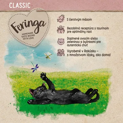 Feringa CLASSIC. S čerstvým mäsom, bezobilná receptúra s taurínom, doplnené ovocím alebo zeleninou a bylinkami, vyrobené v Rakúsku. Homemade taste begins with love.