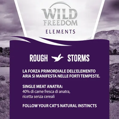 Wild Freedom Elements Rough Storms. La forza primordiale dell'elemento aria si manifesta nelle forti tempeste. Single meat anatra: 40% di carne fresca di anatra, ricetta senza cereali.
