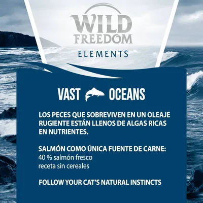 Wild Freedom Elements Vast Oceans. Salmón como única fuente de carne: 40 % salmón fresco, receta sin cereales. Texto en inglés: Follow your cat’s natural instincts.