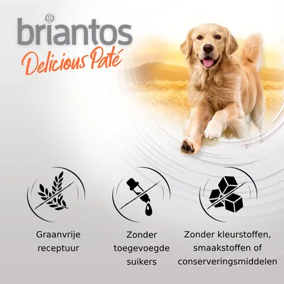 briantos Delicious Paté. Graanvrije receptuur, zonder toegevoegde suikers, zonder kleurstoffen, smaakstoffen of conserveringsmiddelen.