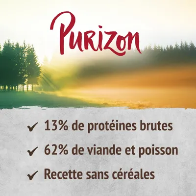 Purizon. 13 % de protéines brutes, 62 % de viande et poisson, recette sans céréales.
