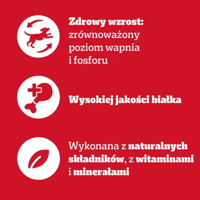 Zdrowy wzrost: zrównoważony poziom wapnia i fosforu. Wysokiej jakości białka. Wykonana z naturalnych składników, z witaminami i minerałami.