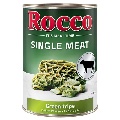 Rocco Single Meat Green Tripe 400g, afbeelding van groene pens en rundsymbool op het blik. Tekst: It's meat time, Grüner Pansen, Panse verte.