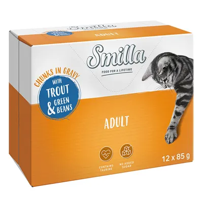 Smilla Adult, chunks in gravy with trout & green beans, contains taurine, no added sugar, 12 x 85 g. Texte en anglais.