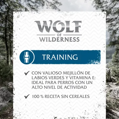 Wolf of Wilderness Training. Con valioso mejillón de labios verdes y vitamina E; ideal para perros con un alto nivel de actividad. 100 % receta sin cereales.