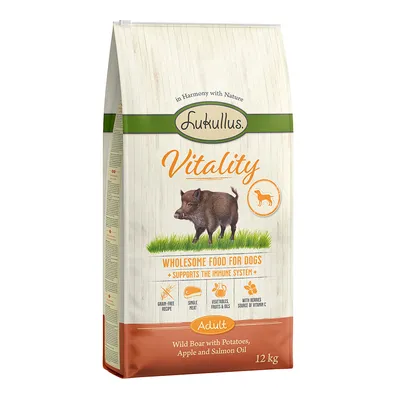 Lukullus Vitality Adult alimento para perros, jabalí con patatas, manzana y aceite de salmón, receta sin cereales, apoya el sistema inmunitario, paquete de 12 kg.