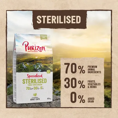 Purizon Specialised Sterilised Adult Cats, Truthahn mit Huhn. 70% Premium-Tierzutaten, 30% Obst, Gemüse & Kräuter, 0% zugesetztes Getreide. Packungsgrösse: 6,5 kg.