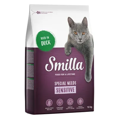 Smilla Special Needs Sensitive kattmat, 10 kg. Text: Rich in duck, food for a lifetime, grain-free recipe, contains taurine, omega fatty acids, yucca schidigera.