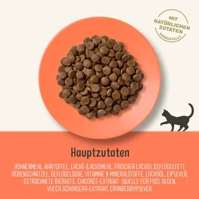 Glavne sestavine (v nemščini): piščančja moka, krompir, losos, perutninsko maščobo, vitaminsko-mineralne snovi, pivski kvas, cikorija, alge, brusnični prah. Mit natürlichen Zutaten.