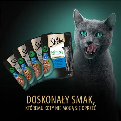 Sheba Nature's Collection in Gravy, 85 g, z tuńczykiem i olejem lnianym, marchewką i groszkiem. Napis: Doskonały smak, któremu koty nie mogą się oprzeć.
