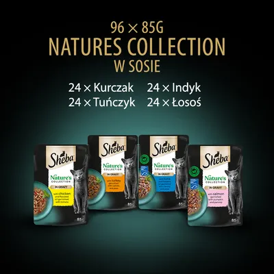 Sheba Nature's Collection w sosie, 96 × 85 g: 24 × kurczak, 24 × indyk, 24 × tuńczyk, 24 × łosoś. Widoczne cztery saszetki z kotem i nazwami smaków.