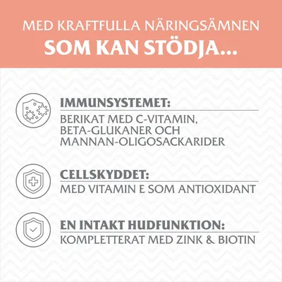 Med kraftfulla näringsämnen som kan stödja immunsystemet, cellskyddet och en intakt hudfunktion. Berikat med C-vitamin, beta-glukaner, vitamin E, zink och biotin.