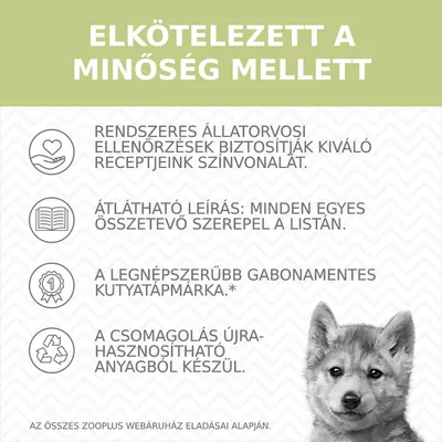 ELKÖTELEZETT A MINŐSÉG MELLETT. Rendszeres állatorvosi ellenőrzések, átlátható leírás, legnépszerűbb gabonamentes kutyatáp, újrahasznosítható csomagolás.