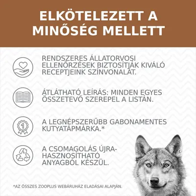 Elkötelezett a minőség mellett. Rendszeres állatorvosi ellenőrzések, átlátható leírás, legnépszerűbb gabonamentes kutyatáp, újrahasznosítható csomagolás.