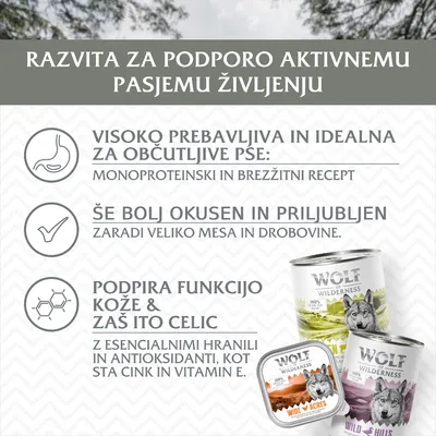 Wolf of Wilderness – razvita za podporo aktivnemu pasjemu življenju, visoko prebavljiva, monoproteinski in brezžitni recept, veliko mesa, podpira kožo z vitaminom E in cinkom.