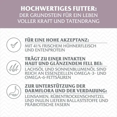 Hochwertiges Futter: 41% frisches Hühnerfleisch und Entenprotein, Omega-3 und Omega-6 für Haut und Fell, Ballaststoffe und präbiotische Fasern zur Unterstützung der Darmflora.