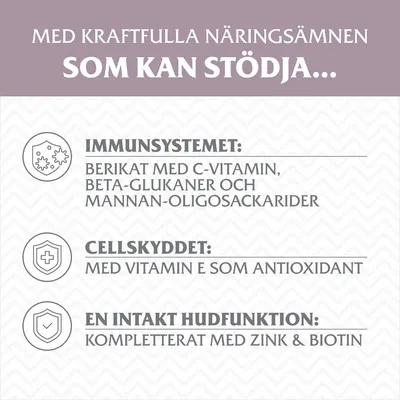 Med kraftfulla näringsämnen som kan stödja immunsystemet, cellskyddet och en intakt hudfunktion. Berikat med C-vitamin, E-vitamin, beta-glukaner, mannan-oligosackarider, zink och biotin.