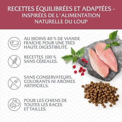 Recettes équilibrées et adaptées, inspirées de l’alimentation naturelle du loup : 40 % viande fraîche, sans céréales, sans conservateurs, pour chiens toutes races et tailles.